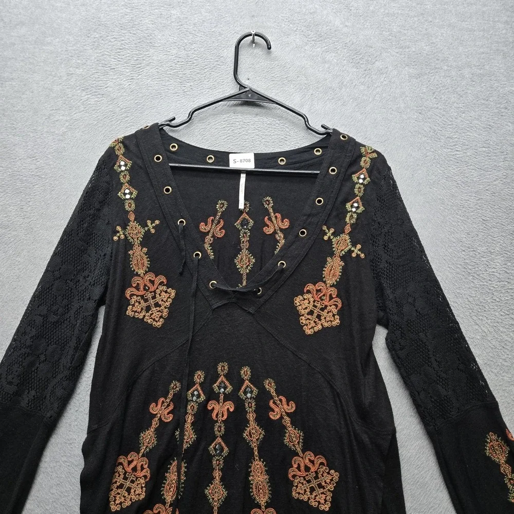 Free People Women Blouse M Black Linen Festival Boho Fairy Grunge Whimsigoth Y2K